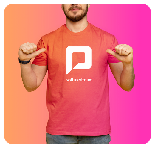 mann in orange pinkem T-shirt mit Markenlogo in der Mitte