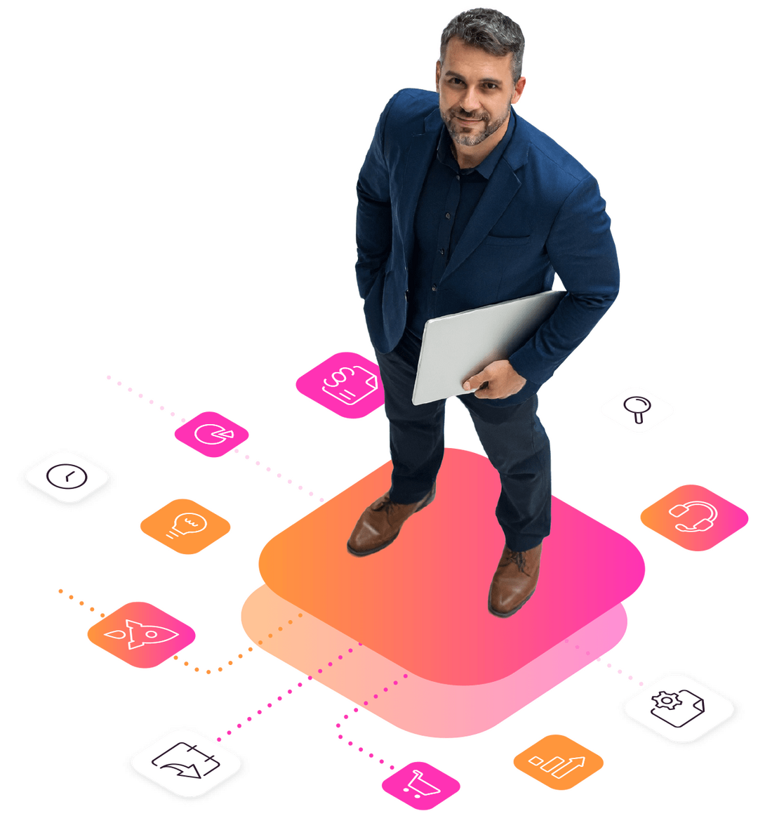 Mann mit Laptop steht auf Boden aus Infografiken