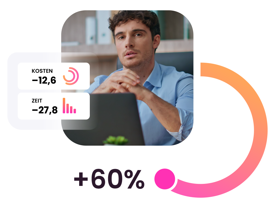 Business Mann mit Laptop - davor Infografiken für Zeit und Kosten