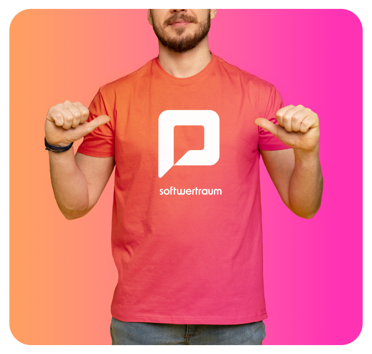 mann in orange pinkem T-shirt mit Markenlogo in der Mitte